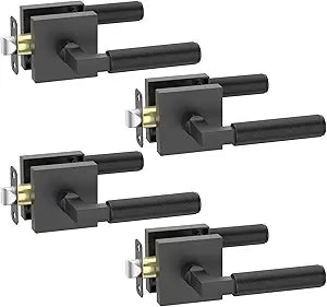 FILTA 4 Pack Matte Black Passage Door Handles, Knurled Door Levers Interior Matte Black Door Lever Bathroom Door Knobs Heavy Duty Square Door Lock