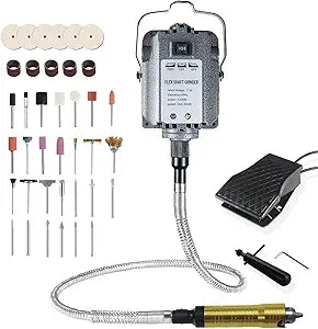 1200W 30000RPM Rotary Tool with Flex Shaft, Electric Flex Shaft Rotary Tool, Flex Shaft Grinder Foot Pedal Control Electric Hanging Carver, Wall Mount, Metal Flexible Shaft with Polishing Accessories