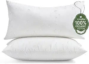 TOPGREEN Feathers Down Outdoor Pillow Inserts 12x20 (Set of 2, White), 100% Organic Cotton Shell, Fluffy Soft Water-Resistant Lumbar Throw Pillows for Sofa, Patio Furniture and Garden