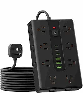 Power Board Surge Protector with 16 sockets, Equipped with 3 USB A and 3 USB C Ports, Suitable for Various Devices, Including Home, Office, and Dormitory (black6.5FT)