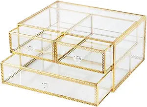 Vellon Gold Glass Box Makeup Organizer, Glass Jewelry Drawer, Vintage Jewel Organizer, Desktop Cosmetic Storage, Makeup Container, Keepsake Case with Golden Lace Decoration, 2 Tiers