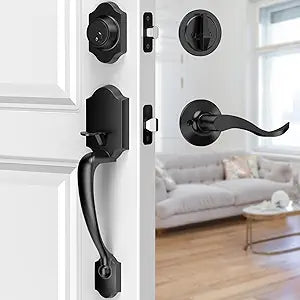 Black Front Door Handle and Deadbolt Set, Classic Lock With Matte Exterior Lever, Reversible Entry for Right & Left Handed
