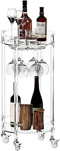 Eglaf Acrylic Bar Cart - Round Rolling Bar Cart - 2 Tiers Home Bar Serving Cart with Lockable Wheels, Glass Holders, for Bar, Living Room, Kitchen, 15.7" D x 15.7" W x 31.1" H, Clear
