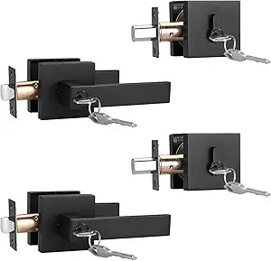 2 Pack Square Entry Levers and Single Cylinder Deadbolts Combo Pack, Flat Black Keyed Alike Heavy Duty Keyed Entry Handles Locksets Reversible for Right and Left Side, (All Same Keys)