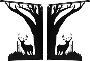 American Steel Buck Deer & Tree Rustic Metal Shelf Brackets - 9"x12" - (Set of 2) - Made in USA