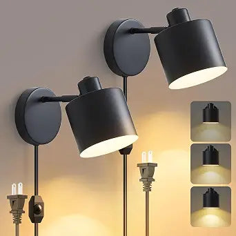 Lightess Black Plug in Wall Sconces Set of 2 Dimmable Corded with Switch