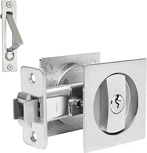 Dontay Keyed Pocket Door Lock with Pull Handle,Flush Mount Recessed Knob,2-3/8 inch Backset,Square Bed Bath Hardware Fit Sliding Barn Interior Door Thickness 1-3/8 to 2-3/16 inch(Brushed Nickel,1)