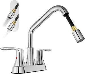 Phiestina Chrome 3 Hole Utility Sink Faucet, Laundry Sink Faucet with Pull Out Sprayer, Long Spout Dual Handle Modern Bathroom Faucet, 4 Inch CenterSet Room Sink Faucets, LF36CL-2M-C