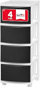 IRIS USA Plastic Drawer Storage Organizer, 4-Drawers, for Classroom Art Supplies Bathroom Dorm Bedroom Laundry Room, Slim Narrow, White Frame with Matte Black Front Panels