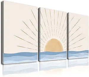 Boho Wall Art Set of 3, Neutral Geometric Sun Rising on the Sea Minimalist Art Framed Canvas Prints Artwork, Mid Century Modern Boho Sun Wall Art Decor for Bathroom, Bedroom, Living Room, Office