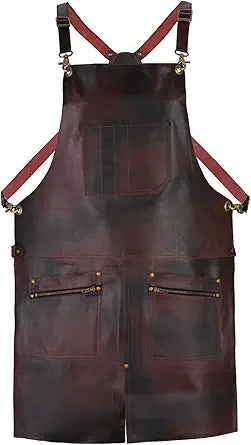 Premium Leather Apron, 2 Zip Pockets, Tool Holder, Split Leg, Unisex, Brown/Black/Green