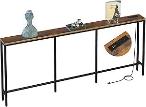 78.7" Behind Couch Table with Fast Charging Station, 7.1" Narrow Skinny Sofa Table with 2 Power Outlets, 2 USB-A, USB-C for Console Entryway, Rustic Brown