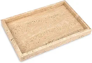 Marble Bathroom Vanity Tray, Natural Luxury Vanity Home Kitchen Bathroom Table Tray, Stone Decorative Countertop Dresser Trays for Key Coffee Perfume Jewelry Makeup (Travertine, 12"x 8" x1.2")