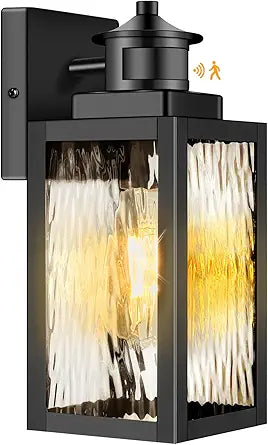 Brightever Motion Sensor Outdoor Lights Fixture, Dusk to Dawn Exterior Porch Light Wall Mount with Water-Rippled Glass, Black Modern Outside Wall Sconce Lanterns for House, Garage, Bulbs Not Included
