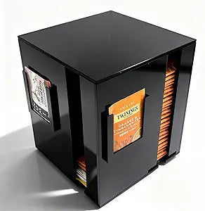 Acrylic Rotating Tea Bag Organizer with Magnetic Lid, 4-Sided Tea Storage Box for Countertop, Tea Bag Holder Dispenser for Kitchen, Office, Tea Station (Black)