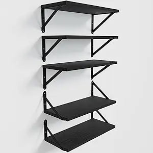 COCOYA Wall Shelves 7.3" Deep Set of 5, Solid Paulownia Wood Wider Longer Sturdy Easy to Install Wall Mounted Bookshelves Storage Shelves Bathroom Home Office Laundry Room Bedroom Organizer Black