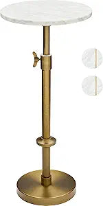 Adjustable-Height Marble Drink Table - 10x10x22-30, White Marble & Antique Brass, Modern Round End Table, Side Table with Pedestal Stand for Small Spaces, Vintage Metal Martini Cocktail Accent