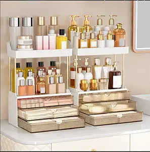 caktraie 2 Pack Bathroom Organizers and Storage - 3 Drawers 2 Tier Makeup Organizer, Cosmetic Storage Drawer for Dresser Countertop and Bathroom Vanity for Large Skincare, Perfume, Amber