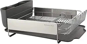 KitchenAid Large Capacity, Fully Size Self Draining Rust Resistatant Satin Coated Dish Rack with Removable Flatware Caddy 20.47-Inch, Gray