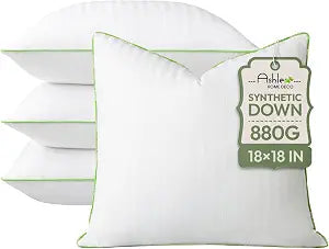 Ashler Home Deco Synthetic Down Pillow Inserts, 18x18 Down Alternative Throw Pillows Insert Sleeping Pillows with 100% Cotton Cover Decorative Pillow Stuffer for Sofa, Couch Bed(Set of 4, White)