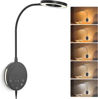 Wall Mounted Reading Light, Bedside Headboard Lights with 5 Color Temperature & 5 Dimming, 360 Flexible Gooseneck, USB Output, Night Light & Timer Function - Perfect for Reading (Black)