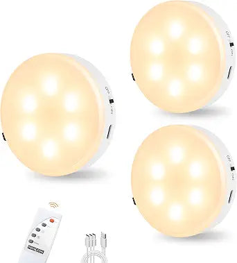 Puck Lights with Remote Control,1000mAh Rechargeable Under Cabinet Lighting,3Pack LED Closet Tap Light,Cordless Stick On Lights for Under Cabinet,Hallway,Stairway,Closet (Warm White)