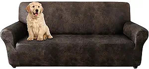 ANARACHON Faux Leather Fabric Stretch Sofa Slipcover 1-Piece, Non Slip Washable Couch Cover, Scratch Resistant Furniture Protector for Dogs Cats, Fits Width Up to 88 Inch, (Sofa,Brown)
