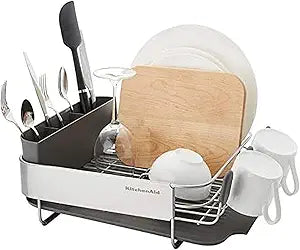 KitchenAid Compact, Space Saving Rust Resistant Dish Rack, with Angled Self Draining Drain Board and Removable Flatware Caddy, 16.06-Inch, Gray