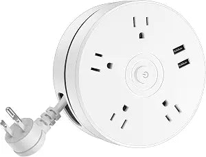 Retractable Power Strip with 6ft Extension Cord, 4 Outlets + 2 USB Ports - Portable for Travel, Home, and Office (White)
