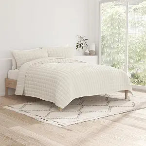 Linen Market Quilt Coverlet Set All Season Microfiber Contemporary Ultra Soft Bedding in Square Stitch - Twin/TwinXL Square Stitch Ivory