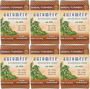 Auromere Ayurvedic Bar Soap, Sandal Turmeric - Eco Friendly, Handmade, Vegan, Cruelty Free, Natural, Non GMO (2.75 oz), 6 pack