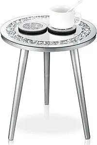 Weysat 3 Pcs Mirrored End Table with Glass Coaster Modern Silver Accent Table Bling Mirror Side Desk Crushed Crystal Coasters Crushed Diamond Cup Mat for Living Room Kitchen (Round)