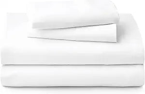 Welhome 100% Cotton Percale 4-Piece Queen Size Solid Bed Sheets Set, 1 Fitted, 1 Flat Sheet with 2 Pillowcases, White