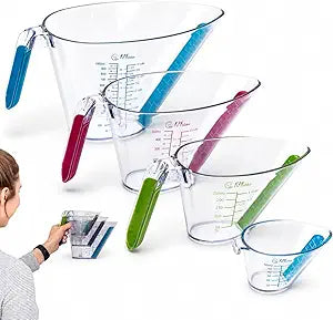 KPKitchen 4-Piece Angled Liquid Measuring Cups Plastic Set - BPA-Free Mini Oz, 1, 2 and 4 Plastic Measuring Cup Sizes - Measuring Cups For Liquids with ML & Cups Measures - Small & Large Measure Cup