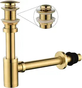 Bathroom Sink Stopper P-Trap Complete Set Adjustable 1-1/4 Bottle Trap Solid Brass Sink Drain Kit Tube and Pop Up Drain Stopper Set Without Overflow, Brushed Gold