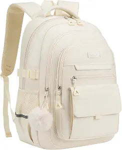Cute Teen Girls Backpack, Big Student School Backpack Laptop Bookbag for College Women Aesthetic Middle High School Bag, Mochilas Escolares, Beige