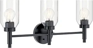 Kichler Madden 3-Light Bathroom Vanity Light Fixture with Clear Glass Shades in Black, Modern Wall Mount Over Mirror for Single Vanity, E26 Medium Base (10.5" x 24"), 55185BK