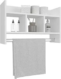 Tuhome Starke Bathroom Wall Shelf with Wide Upper Storage Surface, Three Compact Middle Shelves and Integrated Towel Bar, Space-Saving Organizer for Toiletries, Towels and Decor in Modern or Tr