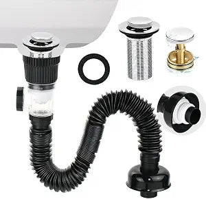 Bathroom Sink Drain Kit with Flexible Expandable P-Trap, Anti-Clogging Hair Catcher & Deodorizer, 1-1/4" and 1-1/2" Universal Fit, ABS & Stainless Steel, Easy Install Tool-Free