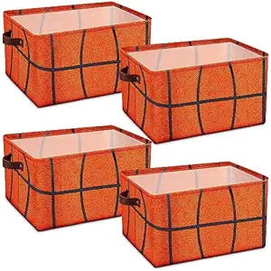 Bokon 4 Pcs Sports Ball Storage Basket Bin Fabric Toys Storage Cube with Handles Collapsible Closet Shelf Cloth Organizer Basket for Nursery Kids Boys Bedroom (Basketball)
