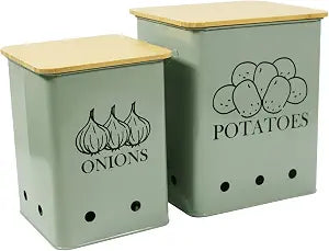 Kitchen Vegetable Storage Tins Set of 2, Onion and Potato Storage Bins with Wooden Lid and Aerating Holes, Garlic Bin Caddy, Vintage Kitchen Decor, Green