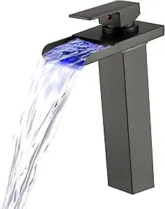 LED Bathroom Faucet Gunmetal Gray, Waterfall Bathroom Tall Vessel Sink Faucet 1 Hole Single Handle Brass with Water Supply Hoses Black Stainless