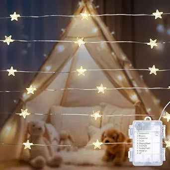 Star String Lights Battery Operated, 20ft 60 LED 8 Modes Silver Wire