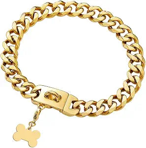Gold Dog Chain Collar with Design Secure Buckle & ID Tag,18K Cuban Link Strong Heavy Duty Chew Proof Metal Walking Collar for Medium Dogs(19MM 14'')