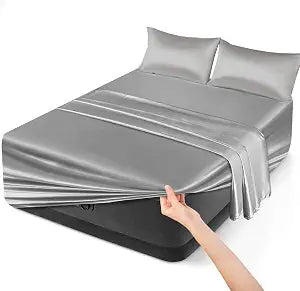 Luv4babe Air Mattress Sheets Queen, Extra Deep Pocket Satin Sheets Set 4-Piece for Air Mattress and Thick Mattress up to 24 Inches, 1 Fitted Sheet 1 Flat Sheet and 2 Pillowcases, Gray