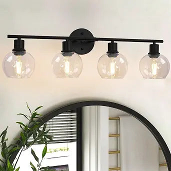 Black 4-Light Bathroom Vanity Light Fixtures, Modern Bathroom Lights with Clear Glass Globe Shade, 27" Vanity Lights for Mirror Bathroom Living Room Bedroom