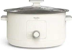 Martha Stewart 8 QT Slow Cooker, Programmable with Timer, 3 Heat Settings (Low, High, Warm), Nonstick Ceramic Removable Crock, Stovetop & Oven Safe, Glass Lid, Simmer, Reheat, Warm, Linen
