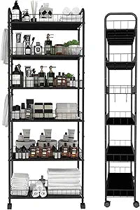 10in 6 Tier Slim Storage Cart with Wheels, Narrow Space Rolling Shelving Unit, Metal Wire Mobile Organizer Rack for Kitchen Bathroom Office Laundry