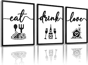 3D Wood Dining Room Wall Decor, Framed Kitchen Pictures Wall Art for Dining Room Wall Decor(Ready to Hang, 12x16 inches, Set of 3, Framed)
