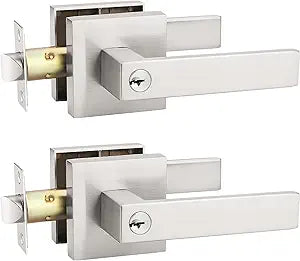 KNOBWELL 2 Brushed Nickel Door Knob with Lock and Key, Keyed Entry Door Leversets for Bedroom/Bathroom/Front Door/Gate/Garage(Different Keys)